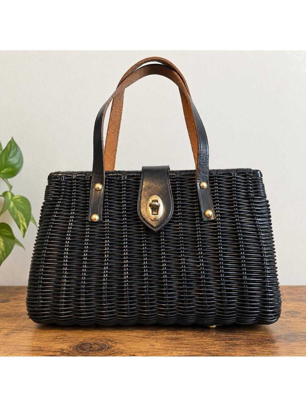 Vintage Corliss Black Wicker Handbag | Leather Handles, Brass Hardware-Hong Kong